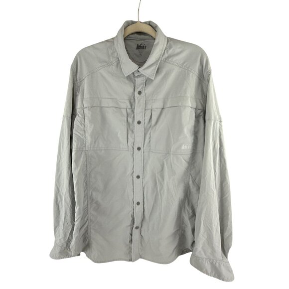 REI Mens XL Nylon Button Down Shirt Gray Long Sleeve Hiking Outdoor Travel - Picture 1 of 8